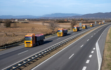 Eight orange trucks in a column for the transport of heavy raw materials are driving on the highway. 
Blue sky above the road and good weather accompany the trip.