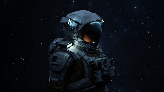 Portrait Woman cosmonaut in a helmet, astronaut space exploration, starry sky. 3d render