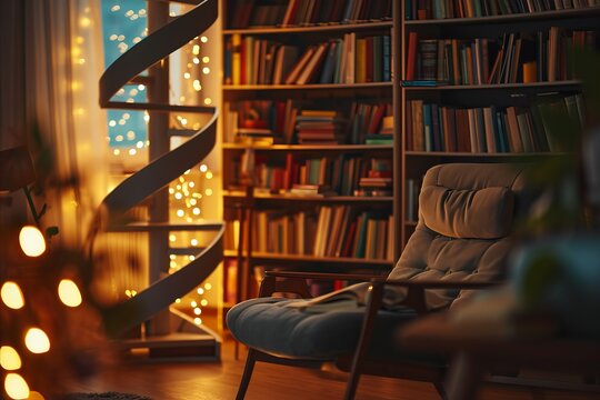 A cozy reading nook in a home library with a unique DNA-shaped bookcase filled with books, a comfy armchair with a blanket, warm fairy lights, and houseplants around - Powered by Adobe
