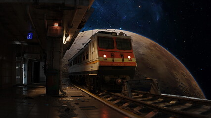 Railway station in space, train stop near planet, railway station platform in cosmos, travel to...