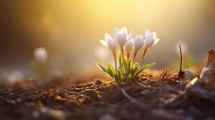 Fotobehang Beginning of the spring, new flowers growing, white crocuses  © reddish