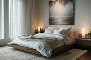 A cozy bedroom setting, highlighted by a unique platform bed and complemented by contemporary art, exudes warmth and sophistication