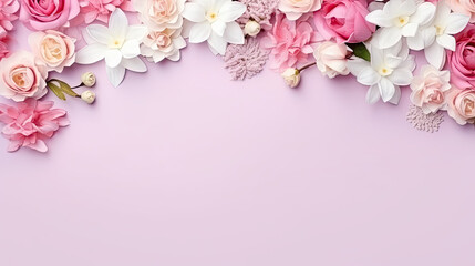 Fototapeta na wymiar Top view, spring banner, beautiful floral concept with copy space,