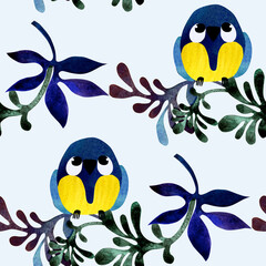Colorful seamless watercolor pattern. Endless background. Stylized leaves, Tit, birds, and branches on a light background. Fabrics, textiles, backgrounds, endless ornaments, bed linen, wallpapers