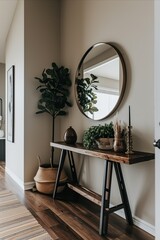 Stylish foyer featuring a wooden console, large circular mirror, and decorative indoor plants.