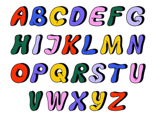 Cute colorful English alphabet, vintage font. Funny childish typeface. Hand drawn vector illustration isolated on white background. Modern flat cartoon style.