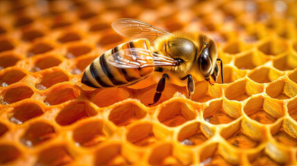 Close up of a bee on honeycomb