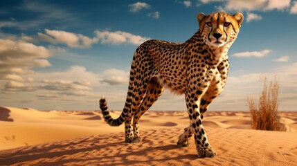 Obraz premium A beautiful cheetah in the wild desert on a blue sky background on a sunny day.