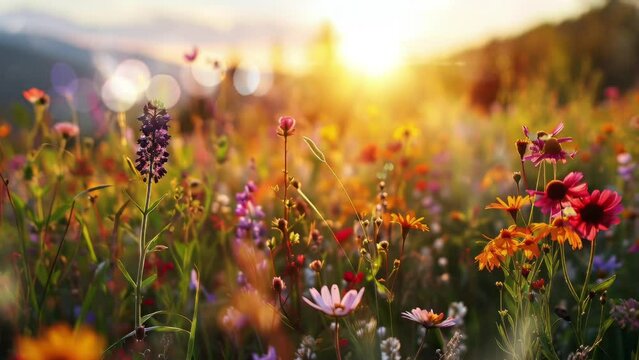 Beautiful scenery of meadow full of flowers. Seamless looping 4K time-lapse virtual video animation background. Generative AI