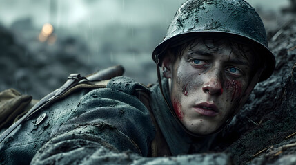 Obraz premium Solemn soldier in rainy combat in trenches