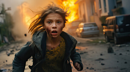 Girl running and hiding from air raid sirens