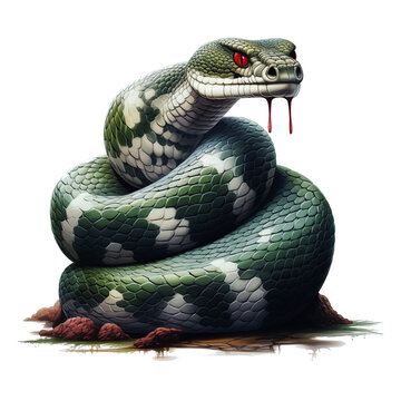 Realistic snake cartoon with blood in mouth. Green snake 3d image