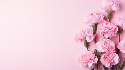 fresh spring carnation flowers on a pink background, spring pink banner, place for a text 