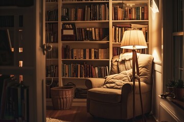 Snug reading space with an overstuffed armchair, lamp light, and shelves of books in a serene setting.