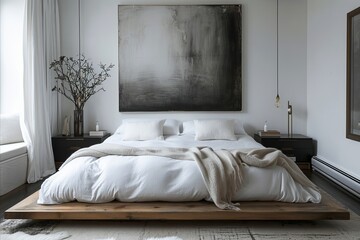 A minimalist bedroom design with a low platform bed, crisp white bedding, and a tranquil, earth-toned palette invites rest and relaxation.