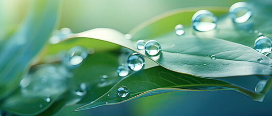 Drop of water on a leaves, close up, green natural wallpaper, raindrops on a wavy laves 
