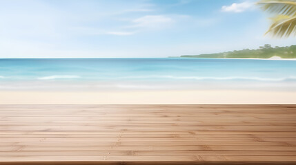 Fototapeta na wymiar Top of wooden table with blurred sea background