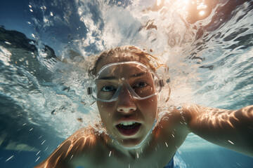 Fototapeta premium A girl diving with goggles in crystal clear water. underwater camera