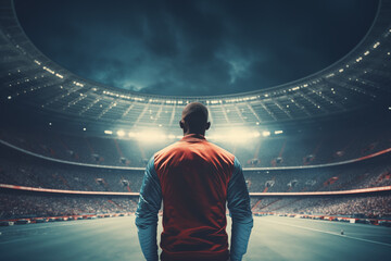 A sporty man contemplating the atmosphere of a crowded stadium - obrazy, fototapety, plakaty