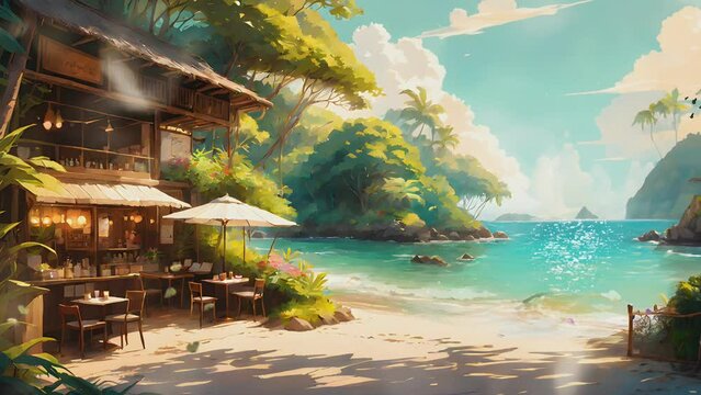 Resort on tropical beach with sea and trees when summer. Cartoon or anime watercolor digital painting illustration style. seamless looping 4k video animation background.