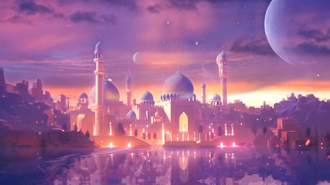 purple mosque at night, fantasy mosque with many buildings