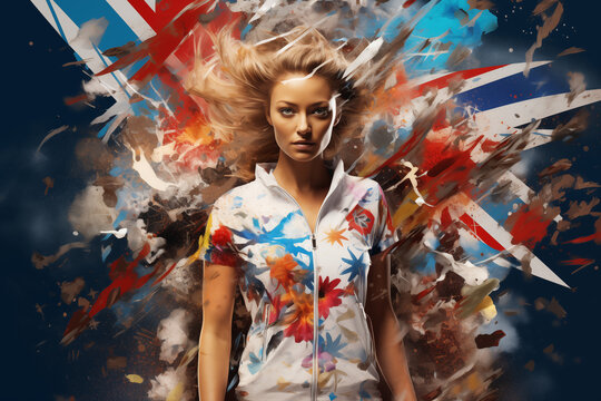 drawing of a blonde sports woman, with her hair waving in the wind and with the colors of different flags and countries in the background