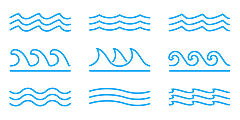 Wave icon set. Water waves line logo collection. Sea, ocean outline symbol. Vector illustration. - obrazy, fototapety, plakaty