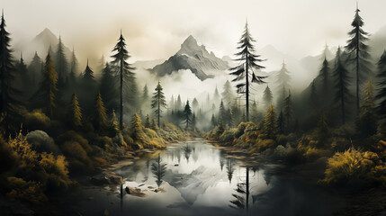 A mountain river reflecting a landscape with clouds, in the style of marko manev, intense lighting and shadow, uhd image, andreas achenbach, atmospheric and moody landscapes, marcin sobas, strong cont - obrazy, fototapety, plakaty