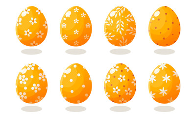 A set of yellow Easter eggs with different patterns. Vector illustration on a white background. Happy easter. Spring holiday. Collection of decorative Easter symbol. Spring colorful chocolate egg.