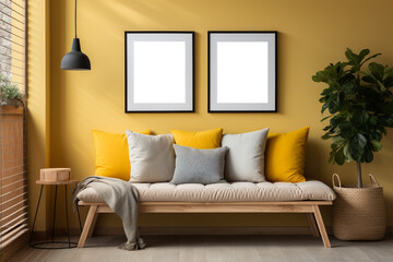 Blank picture frame mockup in modern yellow living room interior.