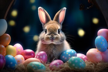 Easter bunny and eggs background magical art with empty copy space Generative AI