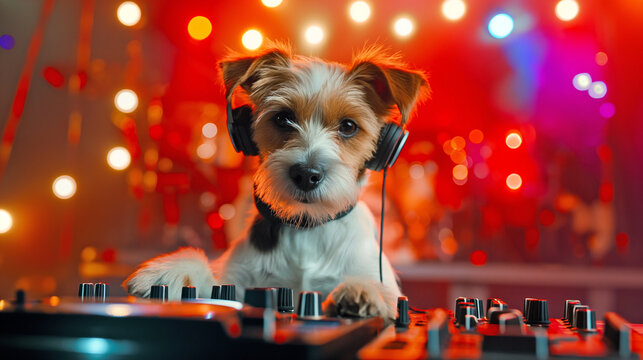 funny terrier dog DJ with  headphones in night club