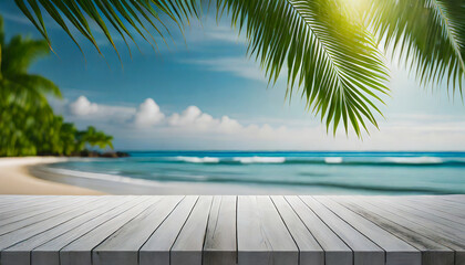 White wooden table with seascape and palm leaves background