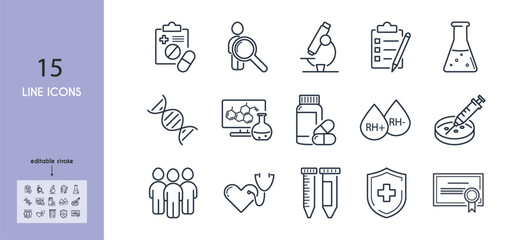 Clinical study, trials line icon set. Comparison group, test person,syringe, pills, microscope,test tubes, dna, test, prescription, Rh factor, blood vector illustration. Outline sing. Editable Stroke.