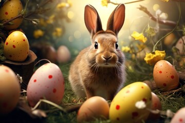Fototapeta na wymiar Easter bunny and eggs background magical art with empty copy space Generative AI