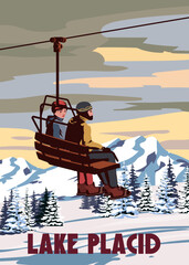Travel poster Ski Lake Placid resort vintage. America winter landscape travel card © hadeev