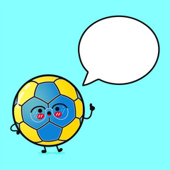 Handball with speech bubble. Vector hand drawn cartoon kawaii character illustration icon. Isolated on blue background. Handball ball character concept