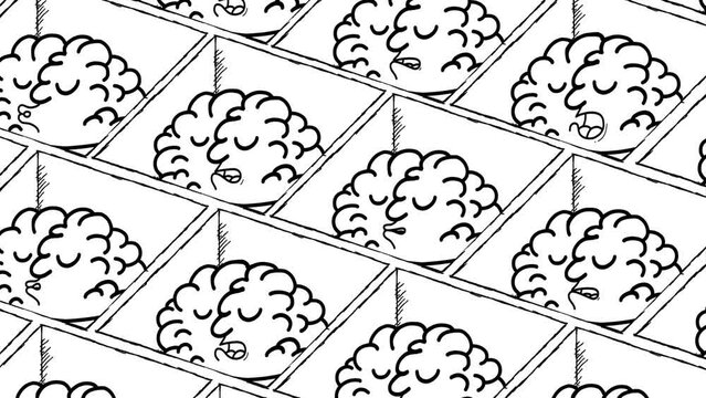 Cartoon brains black and white in cubicles in a big never ending office . They are sleeping and breathing. Seamless loop. Metaphor of a passive futuristic society.