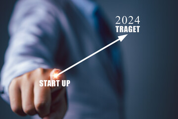 Businessman startup business in 2024. Progress growing to new business target.