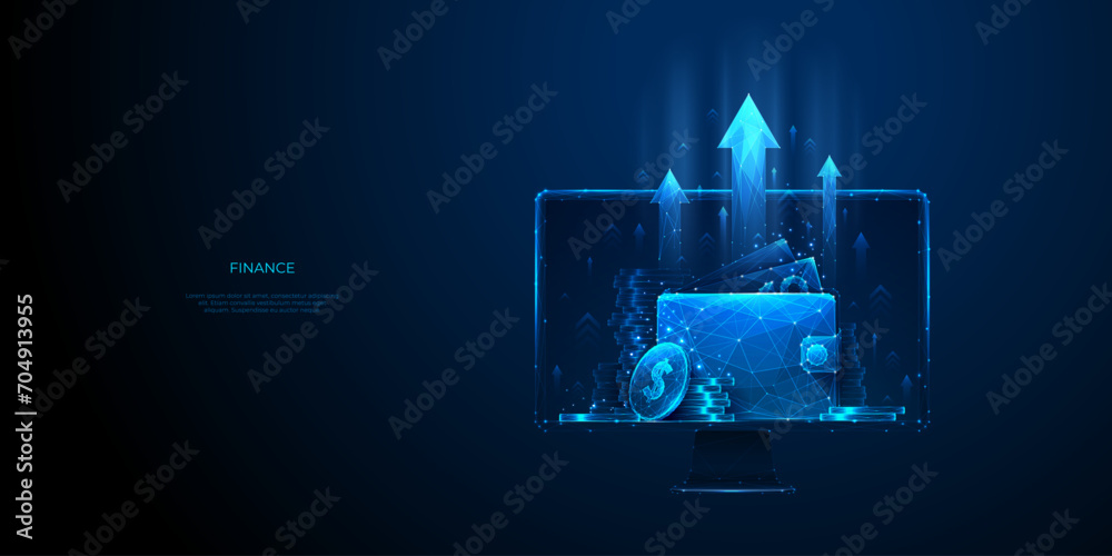 Aufkleber increase revenue concept. wallet with digital cash money and coins on computer monitor background. l