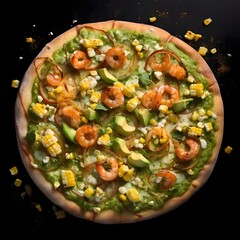 Round pizza with cheese, corn, shrimp, onions, spices.Around decorations with vegetables and spices. Top view.