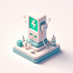 Obraz premium Electric Car Charging Station 3D Minimalist Cute Isometric Icon on a White Background.