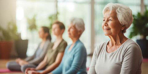 A group of elderly women at a yoga class.