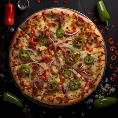 Round pizza with cheese, peppers, onions spices on a wooden kitchen board. Top view.
