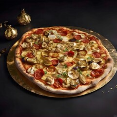 Round pizza with cheese, salami, tomatoes, spices on a golden tray. Around the decorations. Side view.