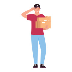 male courier holding packed parcels. flat vector illustration