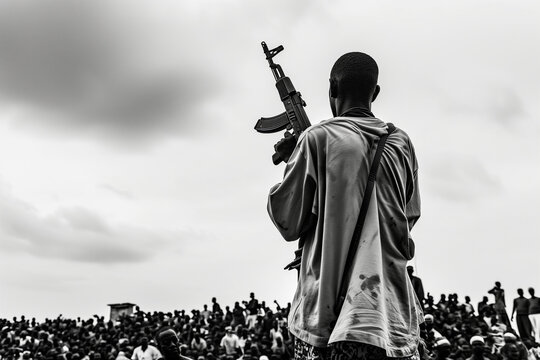 a man holding an ak47 looks down at the crowd, in the style of ndebele art, dramatic cityscapes, war photography, thx sound, jump cuts, black and white documentary