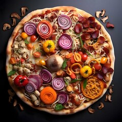 Round pizza with cheese, ham, salami, tomatoes, onions, spices.Around the decoration with vegetables and spices. Top view.