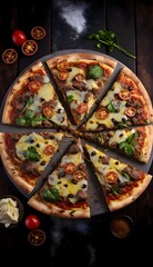 Round pizza with cheese, ham, basil, tomatoes, spices on a wooden kitchen board. Around the decoration with vegetables and spices. Top view.