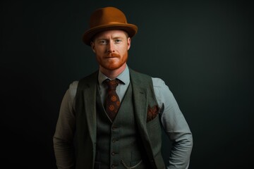 Studio portrait of a red-bearded man in a hat and suit.